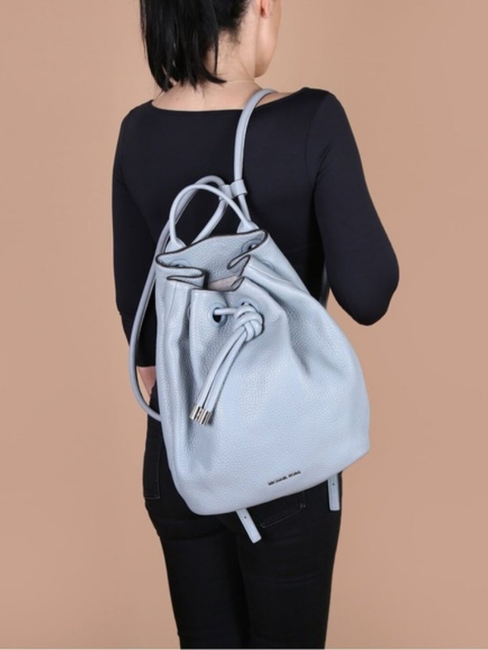 Michael Kors Pale Blue Pebbled Leather Drawstring Backpack